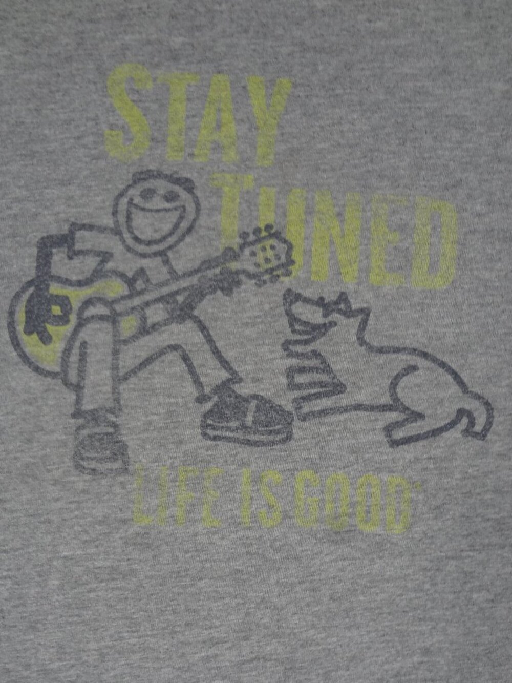 LIFE IS GOOD STAY TUNED GUY GUITAR DOG GRAY LARGE T-SHIRT M65 *SPOT C PICS